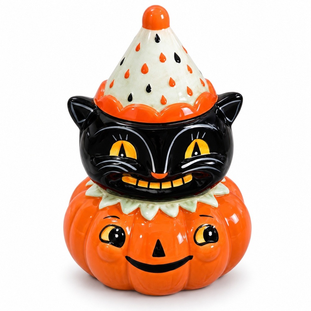 Johanna Parker Carnival Cottage Black Cat Pumpkin Ceramic Cookie Jar Halloween